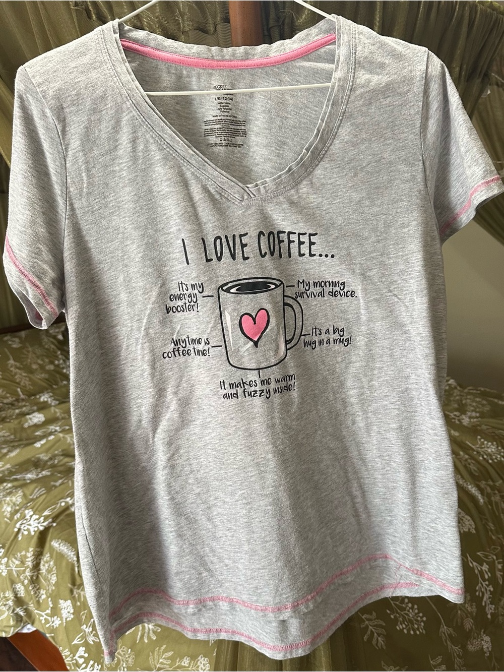 Secret Treasures Light Gray V-Neck Coffee Graphic Tee with Pink Accents